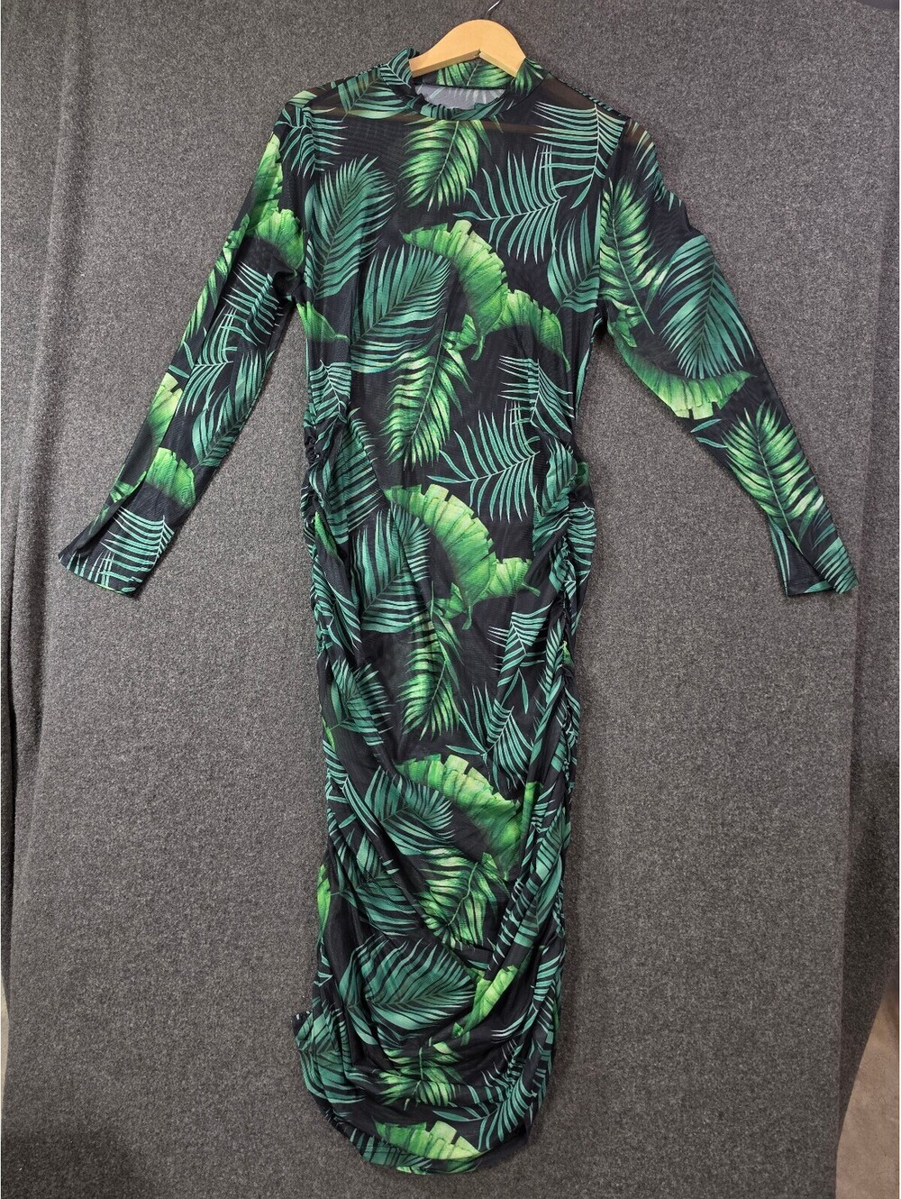 Long Sleeve Tropical Leaf Print Maxi Dress with Ruched Detailing